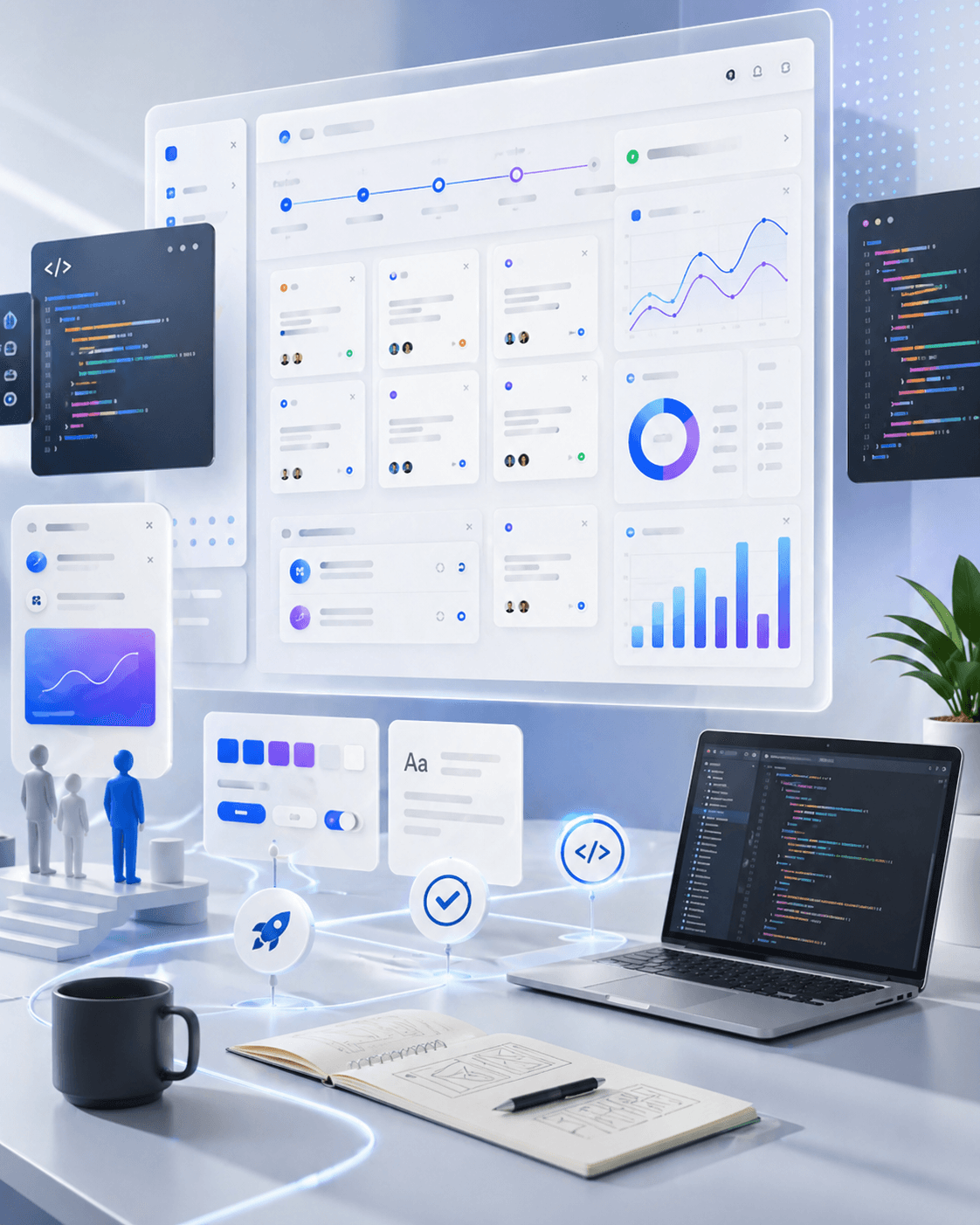 Modern product delivery workflow with dashboard, code, and launch checkpoints